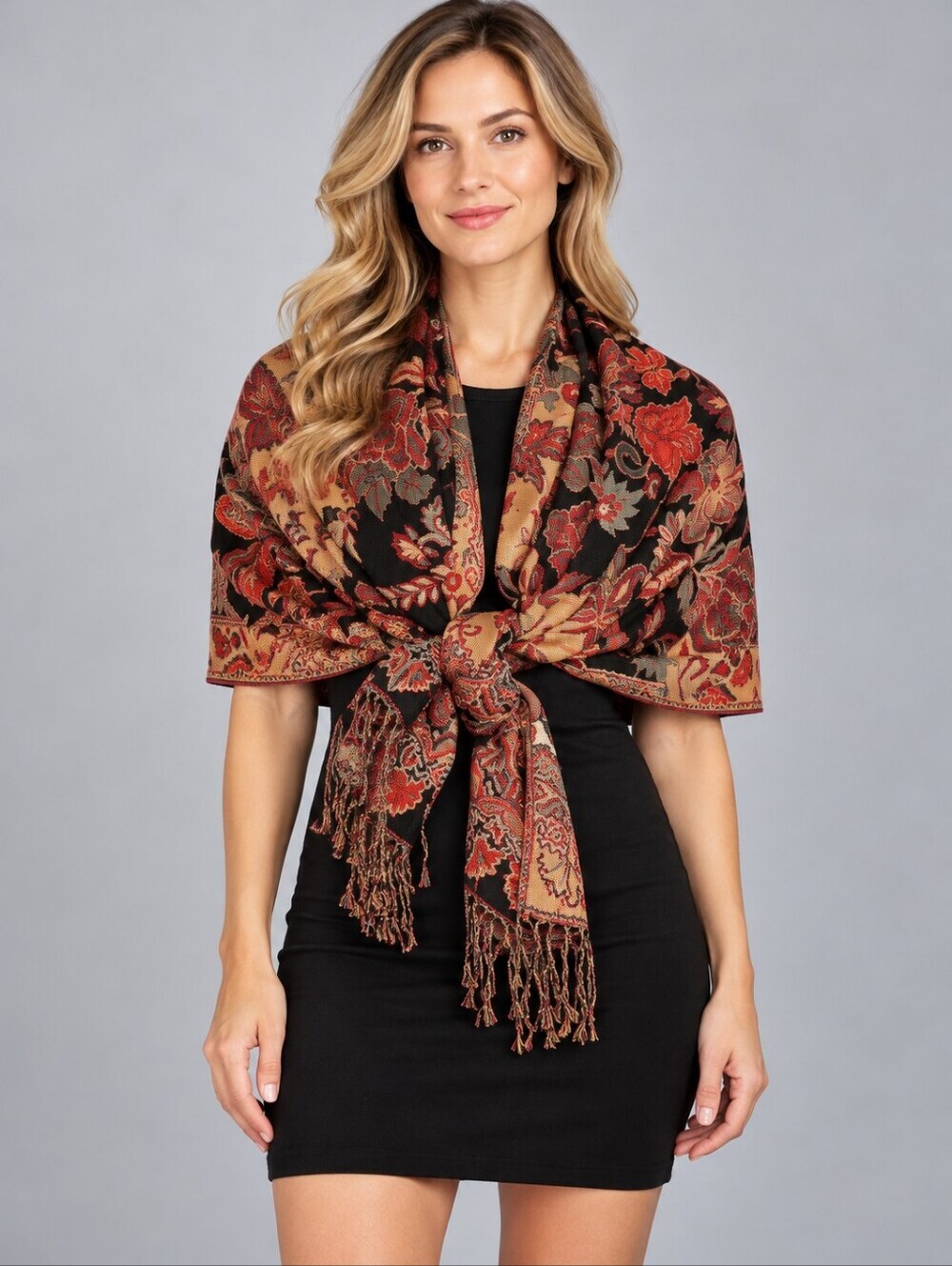 Vtg LRSM & HNOS Red Gold Metallic Floral Tapestry Brocade Fringe Wrap Shawl